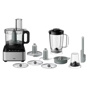 Full blender kit with base, large blending jar, smoothie jug, multiple blades and lids laid out on a white background.