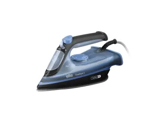 dada-0827 - مؤسسة العبقري الصغير للتجارة الالكترونية Blue and black steam iron (Braun Freestyle 3) with transparent water reservoir and corded handle, ready to press