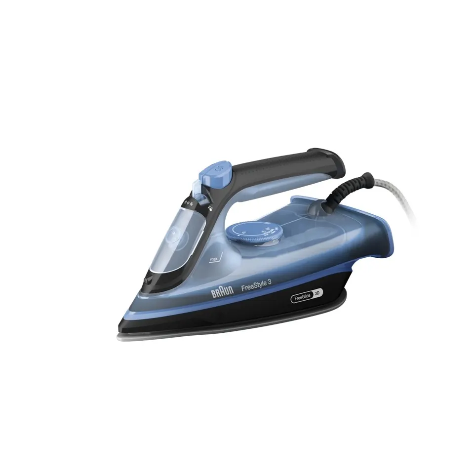 dada-0827 - مؤسسة العبقري الصغير للتجارة الالكترونية Blue and black steam iron (Braun Freestyle 3) with transparent water reservoir and corded handle, ready to press