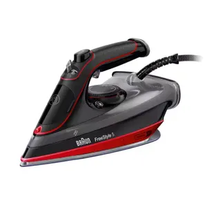 dada-0828 - مؤسسة العبقري الصغير للتجارة الالكترونية Braun FreeStyle 5 steam iron shown at an angle, highlighting the ergonomic black and red handle and soleplate