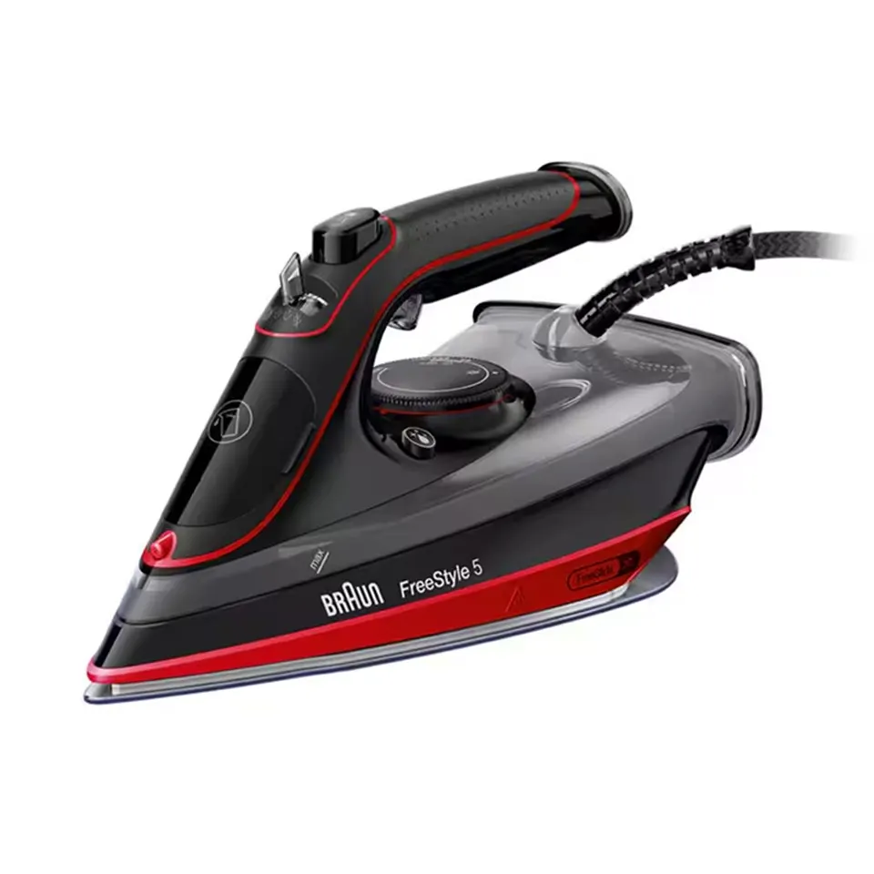 dada-0828 - مؤسسة العبقري الصغير للتجارة الالكترونية Braun FreeStyle 5 steam iron shown at an angle, highlighting the ergonomic black and red handle and soleplate