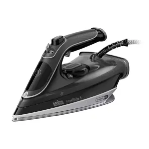 Braun Freestyle 5 steam iron with ergonomic handle and corded power cord on a white background, shown in side view for product identification