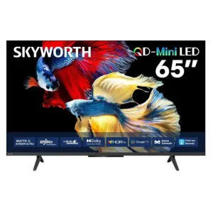Skyworth 65-inch QD-Mini LED TV displaying a colorful fish image on a black background, shown on a stand with slim bezels and two legs.