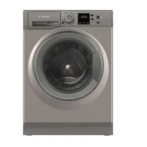 Front-loading washing machine with circular door, digital display, and detergent drawer on top left.