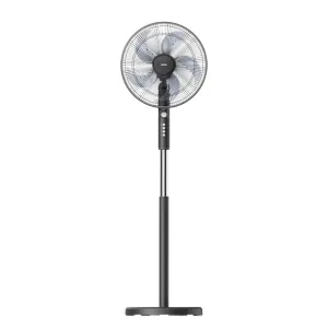 Floor-standing pedestal fan with circular grille and adjustable-height steel pole on a flat base, ready to cool a room.