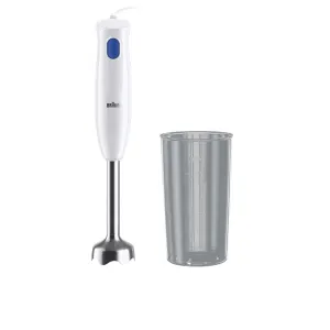 Braun handheld immersion blender with stainless wand beside a tall clear measuring beaker with measurement marks.