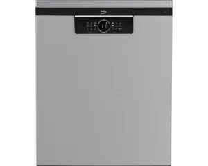 Dishwasher with stainless‑steel front and black control panel at the top center (Beko brand).