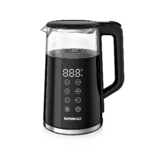 Black electric kettle with a digital control panel on the front and a clear water window, brand name visible at the bottom corner.