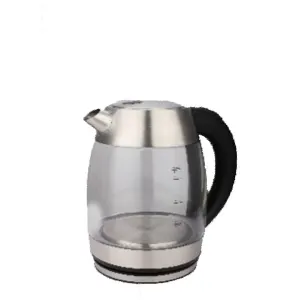 Electric kettle with glass body, stainless steel lid, and black handle.