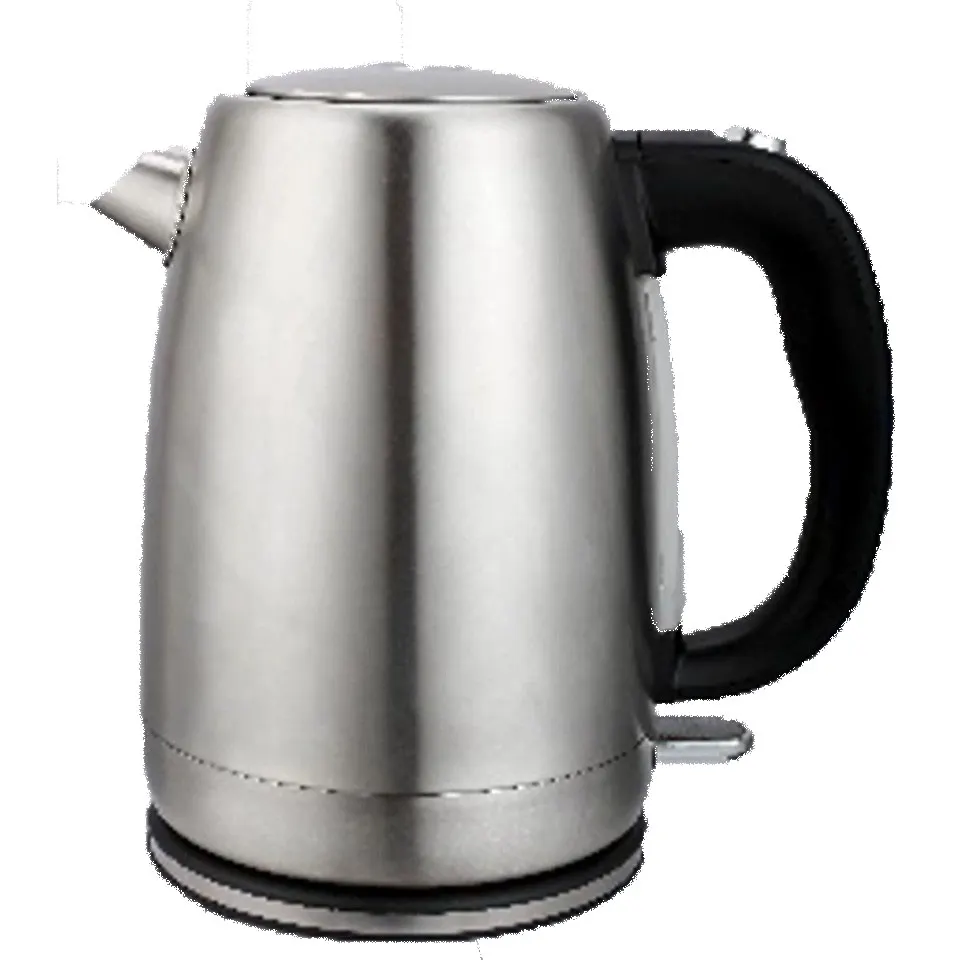 dada-0841 - مؤسسة العبقري الصغير للتجارة الالكترونية Stainless steel electric kettle with a black handle and spout cap visible, standing upright on a base