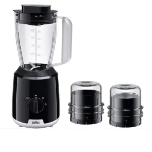 dada-0842 - مؤسسة العبقري الصغير للتجارة الالكترونية Black Braun blender with a tall glass pitcher and two detachable blending jars beside it, on a white background.