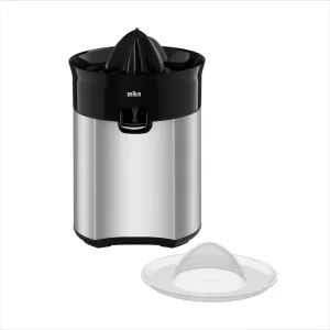 Braun electric citrus juicer with stainless steel body and black top, plus a detachable clear dome lid on the side.