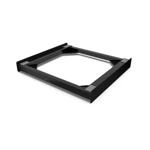 Black metal square frame with four legs and diagonal braces, empty center, viewed from an angle la frame looks like a supporting rack piece.