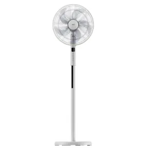 White pedestal fan with circular grille on a tall slim stand and a digital display on the neck.