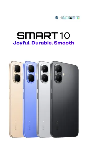 Series of four Smart 10 smartphones in gold, blue, silver, and black shown from the back with a dual-camera module; slogan reads 'Joyful. Durable. Smooth'.