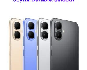 Infinix-0002 - مؤسسة العبقري الصغير للتجارة الالكترونية Banner showing five Infinix Smart 10 phones in gold, blue, silver, gray, and black with the slogan 'Joyful. Durable. Smooth'.