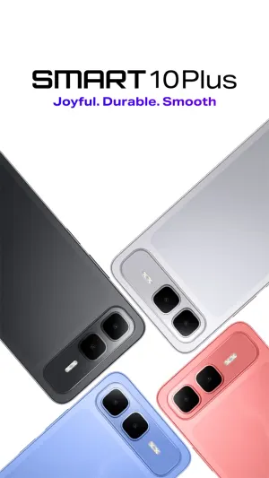 SMART10Plus promotional banner showing four phones in black, white, blue, and pink with dual cameras and flash along a diagonal edge.