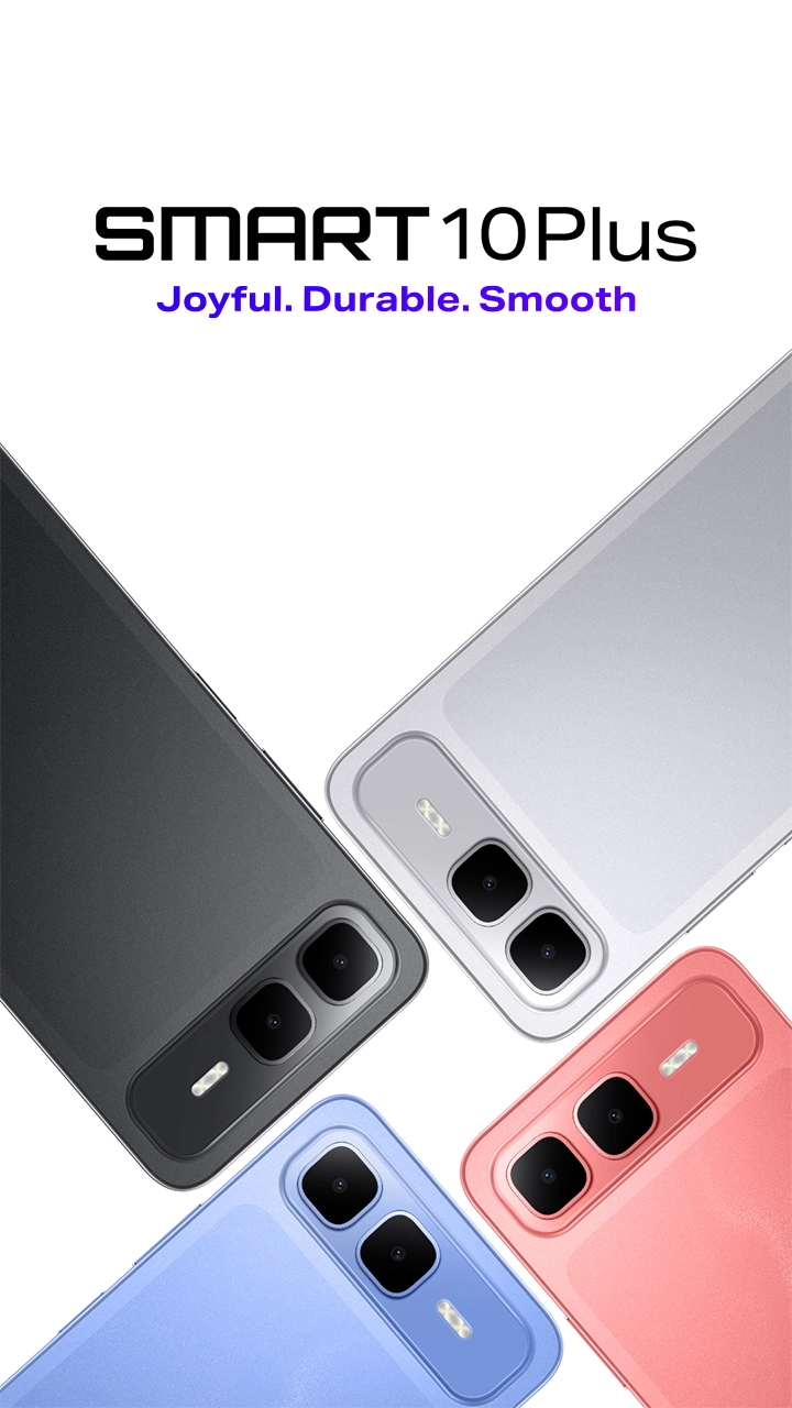 Infinix-0003 - مؤسسة العبقري الصغير للتجارة الالكترونية SMART10Plus promotional banner showing four phones in black, white, blue, and pink with dual cameras and flash along a diagonal edge.
