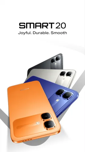 SMART20 smartphone lineup in orange, blue, gray, and white, fanned diagonally beneath the brand logo Joyful. Durable. Smooth.