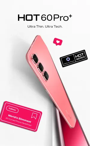 Pink HOT60 Pro+ smartphone shown from a diagonal angle, highlighting a triple-camera module and slim design with the tagline 'Ultra Thin. Ultra Tech.'