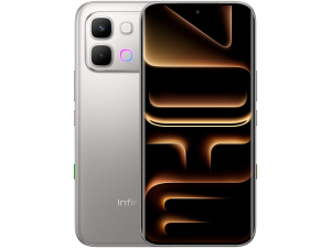 Silver smartphone shown from back and front: triple camera module with flash and a large edge-to-edge display.