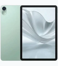 Front and back view of a mint-green tablet, showing a large screen and a single rear camera in the top-left corner on the back.