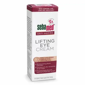 Sebamed Anti-Ageing Lifting Eye Cream box with burgundy label, white packaging, and pH 5.5 designation; lists ingredients and benefits.