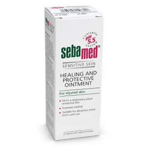 Sebamed Healing and Protective Ointment box for injured skin, with pH 5.5 and clinical testing noted on the package.