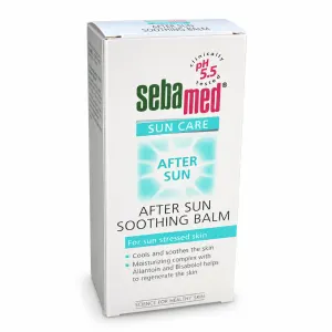 Box of Sebamed Sun Care After Sun Soothing Balm for sun-stressed skin; features pH 5.5, cooling and moisturizing formula with Allantoin and Bisabolol near the bottom of the box