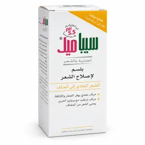 عبوة عبْوة صُنْع عناية بالشعر بلسم لإصلاح الشعر، يظهر عليها شعار سيميل بالألوان الأخضر والوردي مع نص عربي عن العناية بالشعر من الجفاف وإصلاحه.