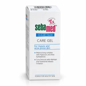 Sebamed Clear Face Care Gel carton front: pH 5.5, for impure and acne-prone skin, blue 'CLEAR FACE' label, and skincare claims listed on the box