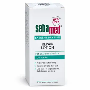 Sebamed Extreme Dry Skin Repair Lotion carton showing 10% Urea and teal green label; for extreme dry skin and skin care benefits.