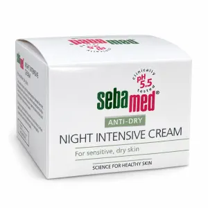 Box of Sebamed Anti-Dry Night Intensive Cream, for sensitive, dry skin (pH 5.5) with green/gray branding on white packaging.