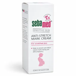 Sebamed Anti-Stretch Mark Cream box labeled for sensitive skin, with a pink pregnant silhouette on the front.