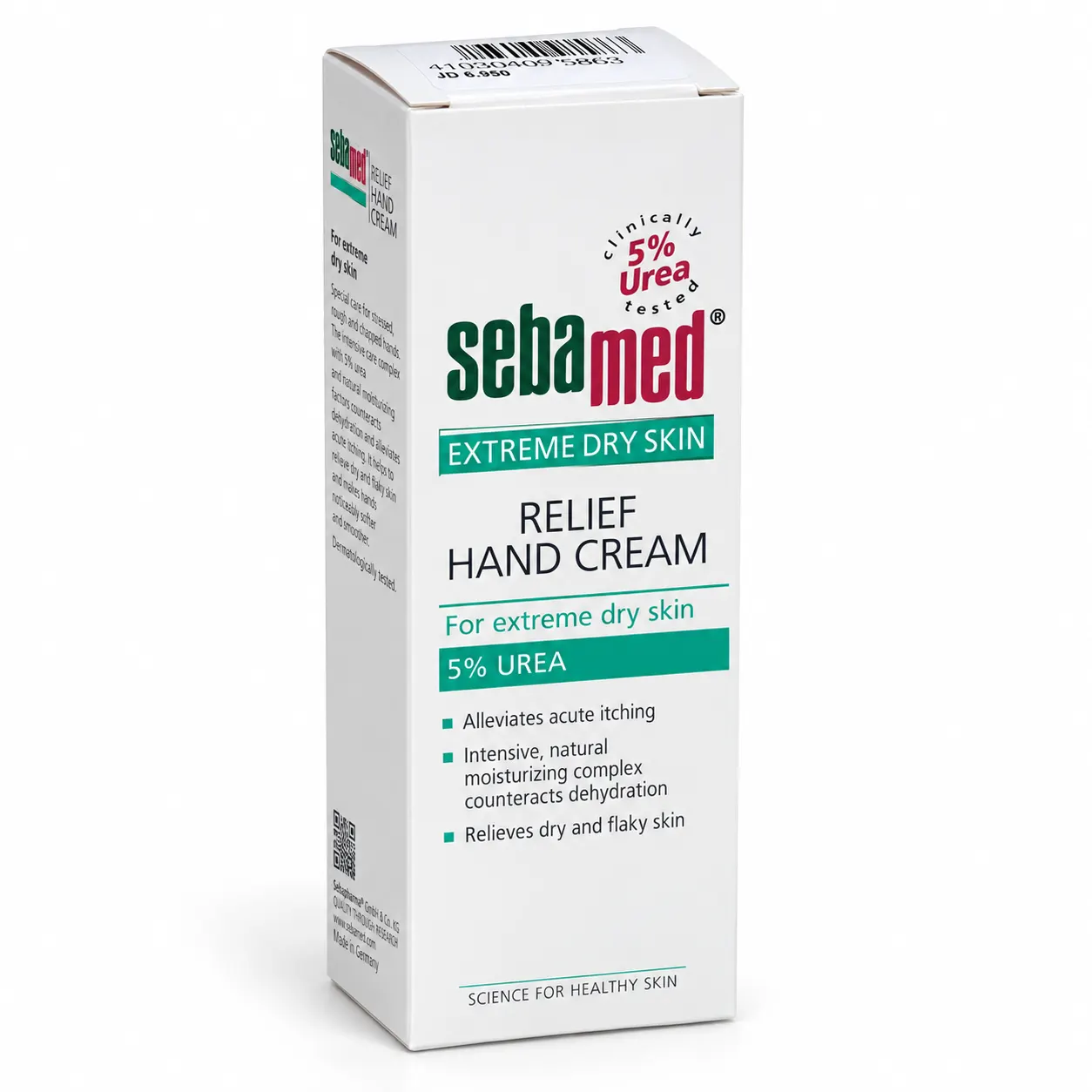 MASHARQA-0067 - مؤسسة العبقري الصغير للتجارة الالكترونية Sebamed Relief Hand Cream box for extreme dry skin with 5% urea on the front label (packaging visible).