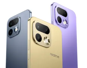 Back view of three Realme smartphones in blue, gold, and purple showing a triple-camera module with flash on each device.