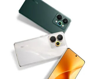 Green Realme smartphone back with a raised triple-camera module and LED flash, angled on white surface