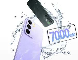 Diagonal view of two colorful smartphones with prominent multi‑camera backs amid splashing water, highlighting durability and design.