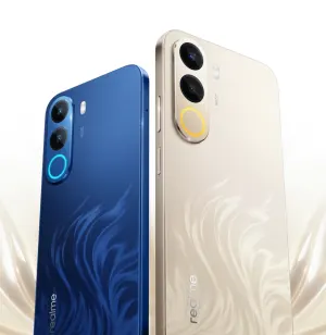 Realme-0009 - مؤسسة العبقري الصغير للتجارة الالكترونية Two Realme smartphones, blue and gold, shown from the back with dual-camera modules and a circular LED ring around the lower lens on each device.