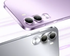 Two sleek smartphones shown from the back corners, one purple and one silver, each with a dual-camera module and metal frame.