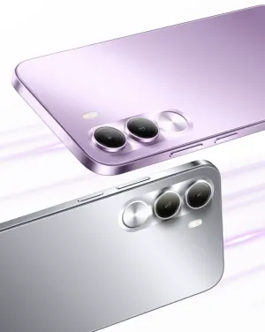 Realme-0010 - مؤسسة العبقري الصغير للتجارة الالكترونية Two sleek smartphones shown from the back corners, one purple and one silver, each with a dual-camera module and metal frame.