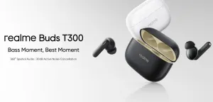 Realme-0012 - مؤسسة العبقري الصغير للتجارة الالكترونية Realme Buds T300 wireless earbuds with open charging case against a light gray background.