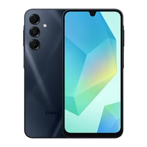 Samsung Galaxy smartphone shown from back and front in dark blue with triple rear cameras and a tall display notch, showcasing a geometric wallpaper on the screen.