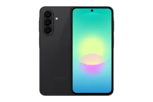 Black Samsung smartphone shown from front and back, highlighting its triple-camera rear array and edge-to-edge display with a centered punch-hole camera.