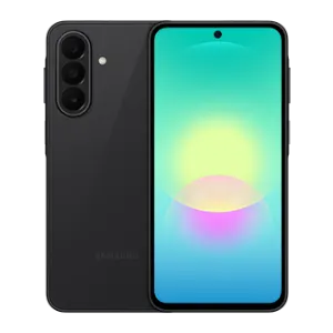 Black Samsung smartphone shown from both back and front: triple camera array on the rear left and a front display with a green-to-blue gradient wallpaper.
