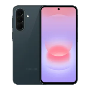 Samsung Galaxy smartphone shown from front and back, with a punch-hole selfie camera and a triple rear camera array on a dark blue finish.