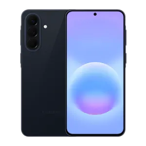 Dark blue smartphone showing a triple-camera rear and a front screen with a blue–purple gradient wallpaper.