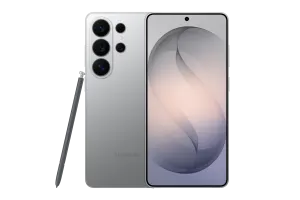 Back and front view of a Samsung Galaxy phone with an S Pen on the left; shows a four-camera rear module and edge-to-edge display on the front.