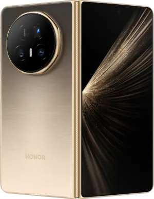 Gold Honor smartphone shown from the back with a large circular camera module, placed beside its front-facing display on an open, foldable-style pair.