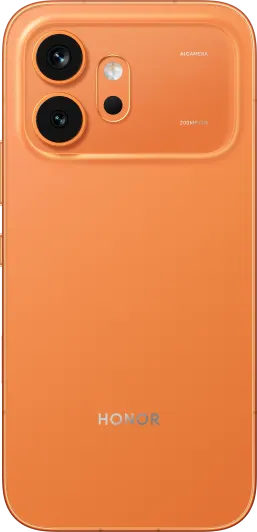 Orange HONOR smartphone back with a dual-camera module and flash near the top-left; HONOR logo centered near the bottom.